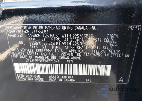 2013 Toyota Rav4 Le из США, поврежденный, VIN 2T3ZFREV0DW059243